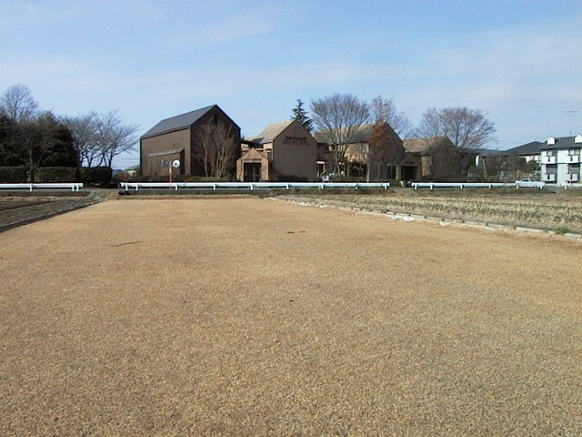 平地の奥に建物が4棟並んでおり、建物の間に三角屋根の門が建てられている写真