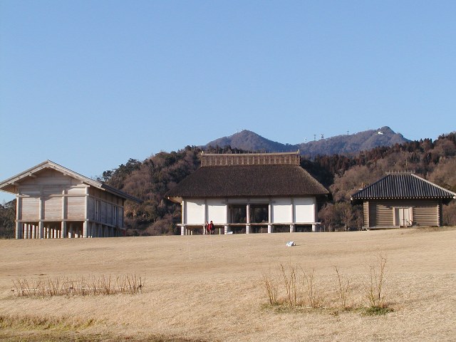 広い敷地に3棟の高床式の建物が並び、建物奥には山並みが写っている写真