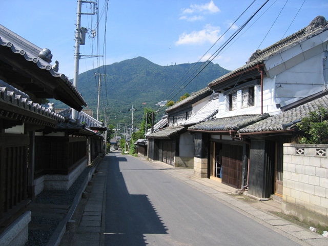 道路沿いに白塗りの壁に瓦屋根の建物が建ち並び、奥に筑波山がある伝統的な景観の神郡集落の写真