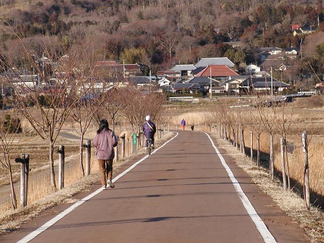 一本道の道路が続いており、自転車をこぐ人や歩いている人を後ろから撮った写真