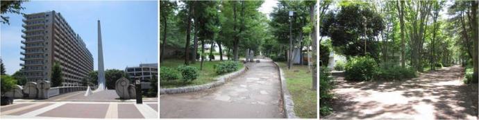 高層マンションの横の歩道、木々が立ち並ぶの中央にある歩道のペデストリアンデッキの写真