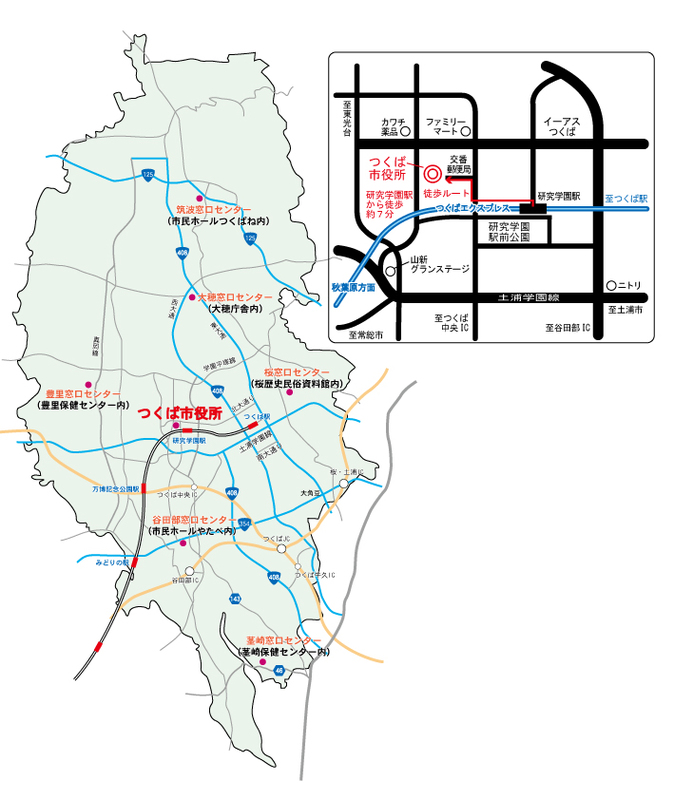 つくば市の庁舎と施設を示した簡易地図