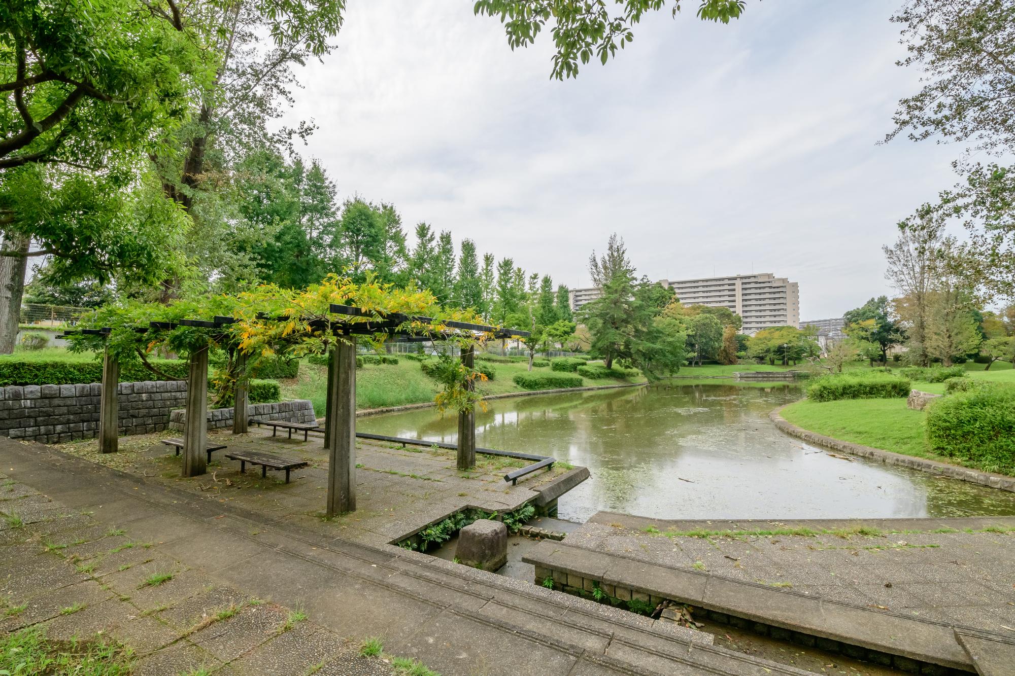 池のほとりに藤棚のある竹園東公園の写真