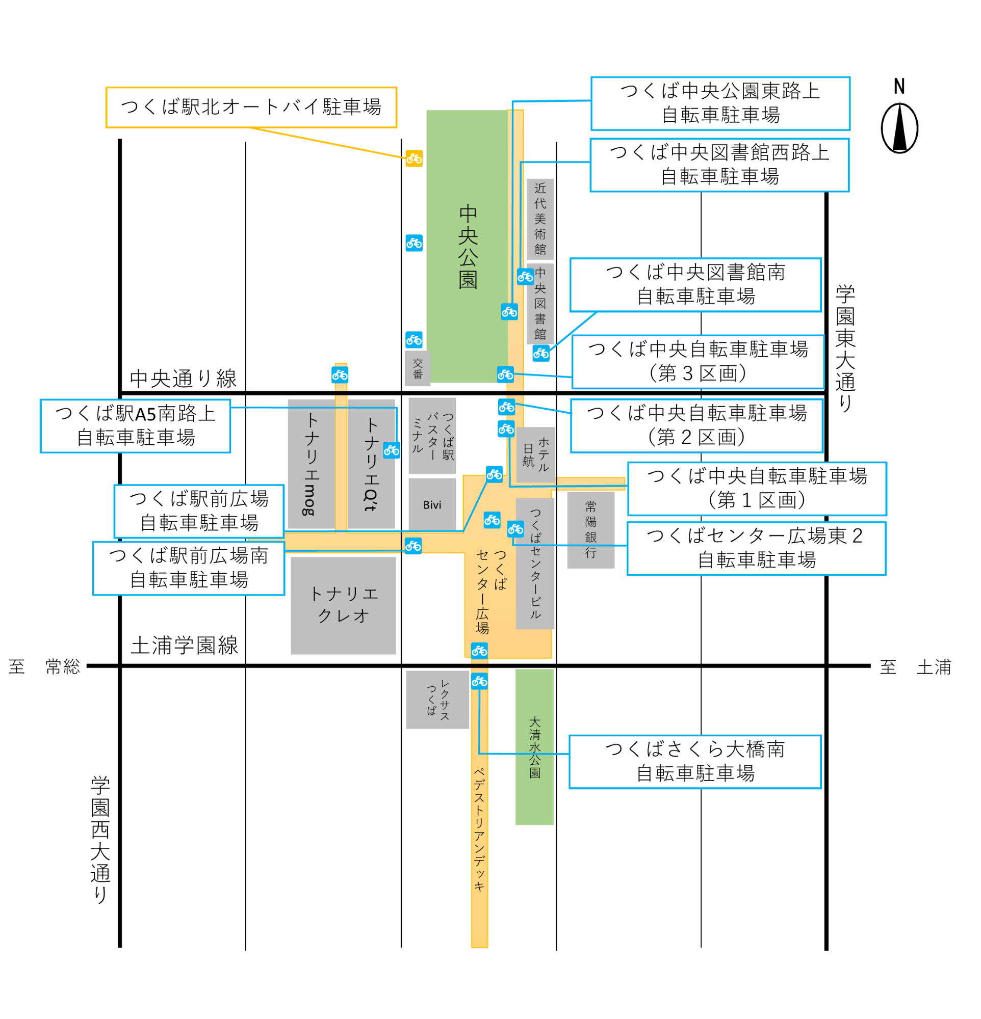 つくば駅周辺一時利用自転車駐車場の位置図