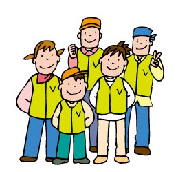 イラスト：黄緑色のチョッキを着た5人の防犯ボランティア