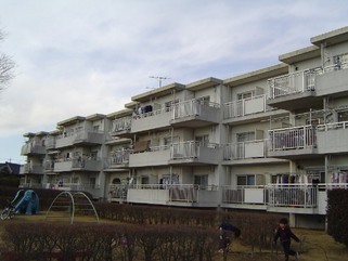 3階建ての金田住宅のバルコニー側を遊具が設置された隣接する公園側から撮影した写真