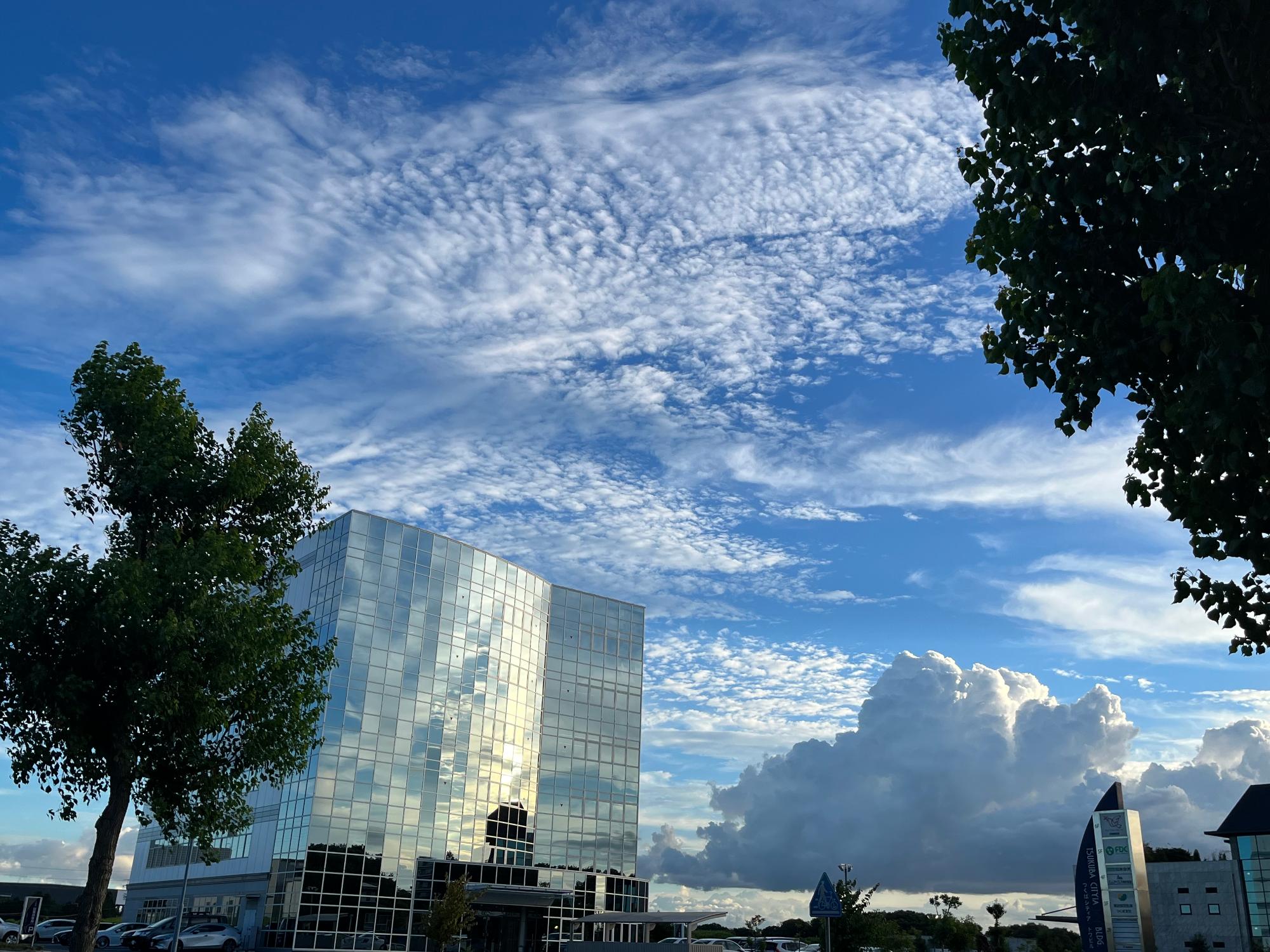 高い雲と低い雲と空を映す窓