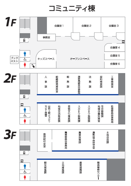 市役所コミュニティ棟のフロア案内図