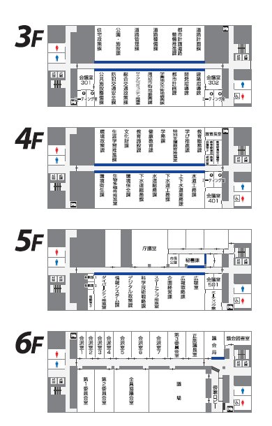 市役所庁舎3階・4階・5階・6階のフロア案内図