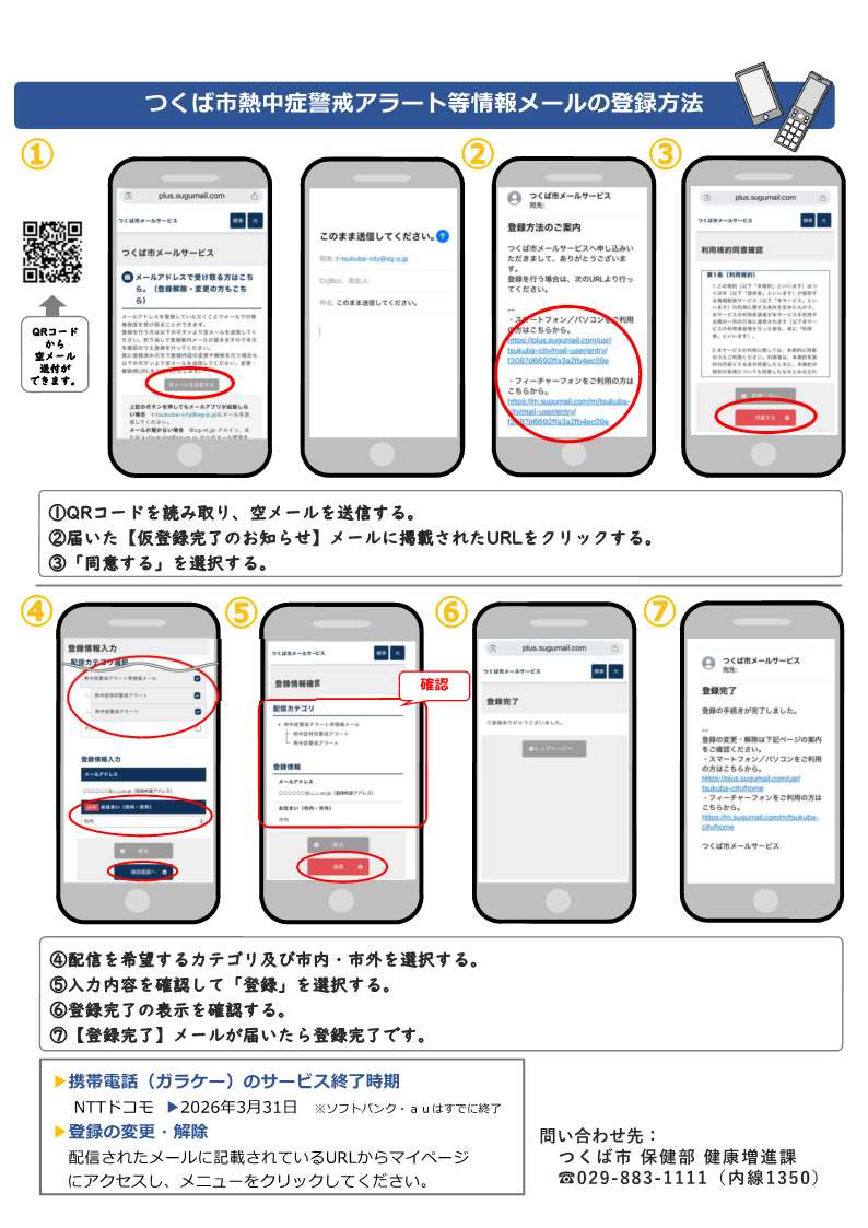 熱中症のアラート受信メールの登録方法です。空メールを送付して必要事項を入力することで登録できます。