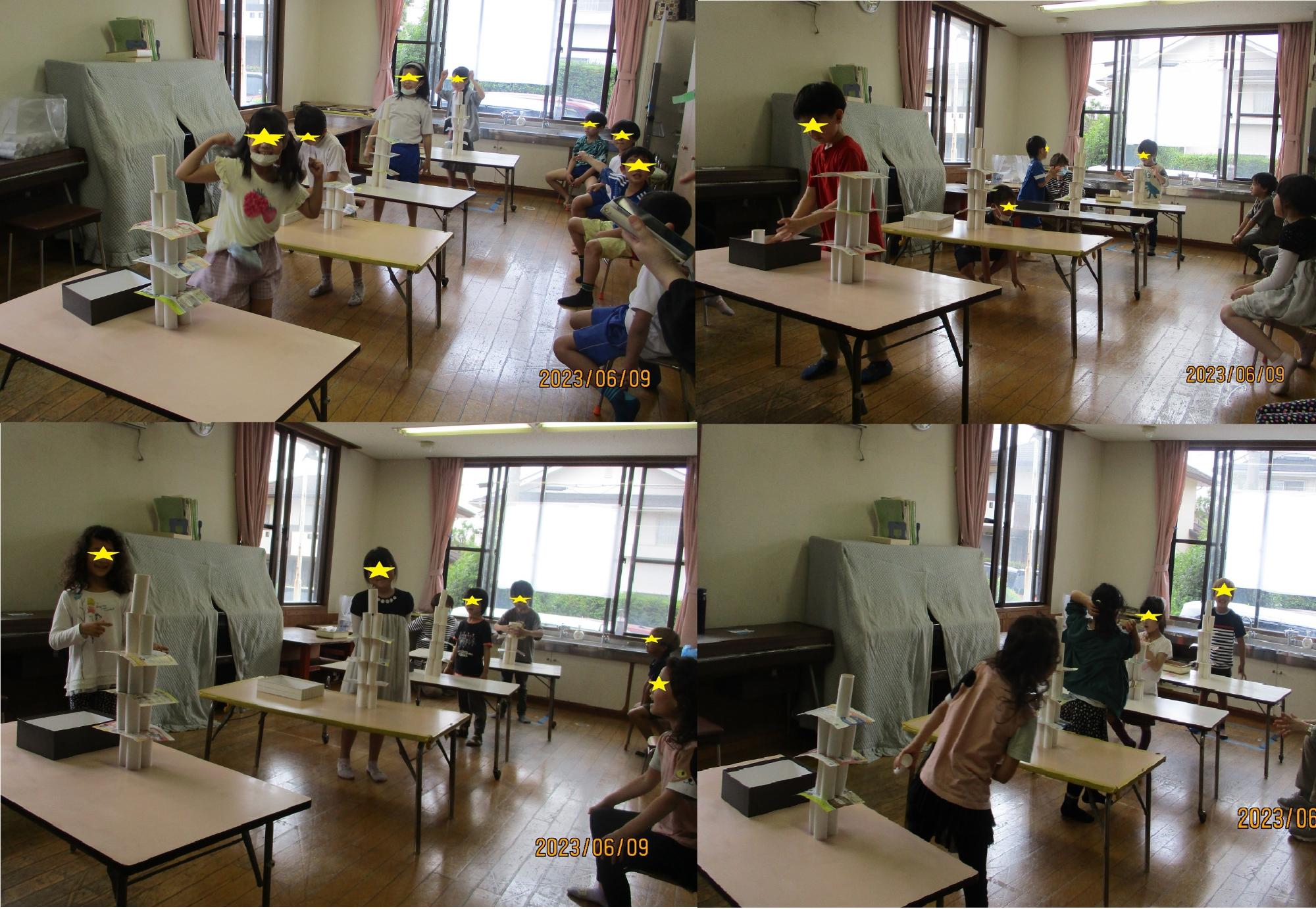 ゆらゆら芯タワーに挑戦する子供たち