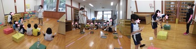 カラフルな箱の上にペットボトルが置かれた遊具や、箱が並べられた遊びをする子供たちの写真