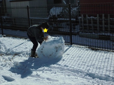 ひざ丈以上の大きな雪の塊を頑張って押す子供の写真