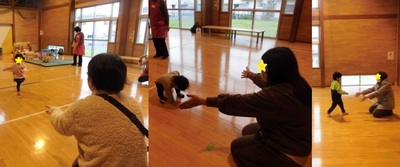 座っているお母さんまでかけっこで走る子どもたちの写真