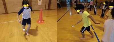 お玉にボールを乗せは知っている子供たちの写真