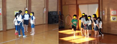 体育館で子どもたちが「しっぽ取り」ゲームの作戦会議をしている様子
