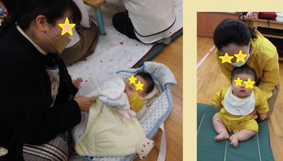 ベビーラックに入っているあかちゃんとその母親の写真。あかちゃんはベビーラックから外に出してもらった。