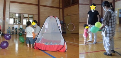 ボールプールのお家で遊んだり風船に興味を示す子どもの写真