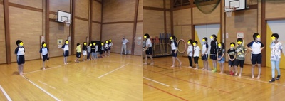 体育館で子どもたちが一列に並んで立っている様子