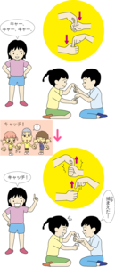「キャッチ」の説明イラスト「キャーキャーキャー」「キャッチ」と掛け声をしている