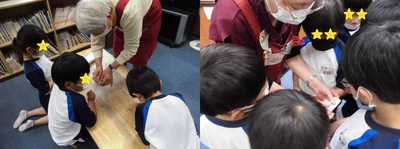 お話し会のボランティアの人が子どもたちに折り紙の作り方を教えている様子