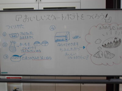 ホワイトボードに「おいしいスウィートポテトをつくろう!」とイラスト付きで作り方が書いてある写真