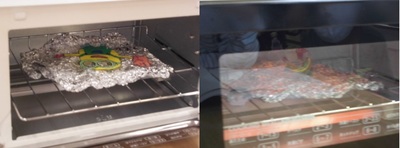 プラ板をトースターで焼いている写真