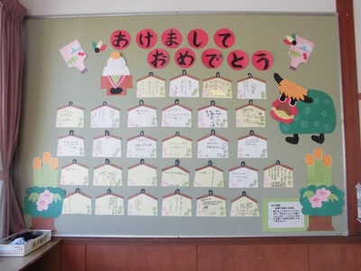 壁に「あけましておめでとう」と書かれた飾りと、紙でできた絵馬が貼られている様子の写真
