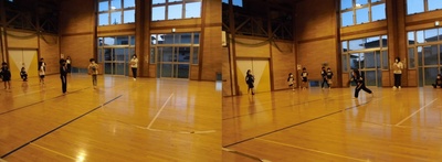 左:枠内に二人の児童、外野に数名の児童が立っている様子の写真、右:黒い服を着た児童がボールを投げている様子の写真