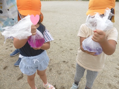 2名の女の子が透明のビニール袋に朝顔の花で色付けした色水を持ってカメラに向かって見せている写真