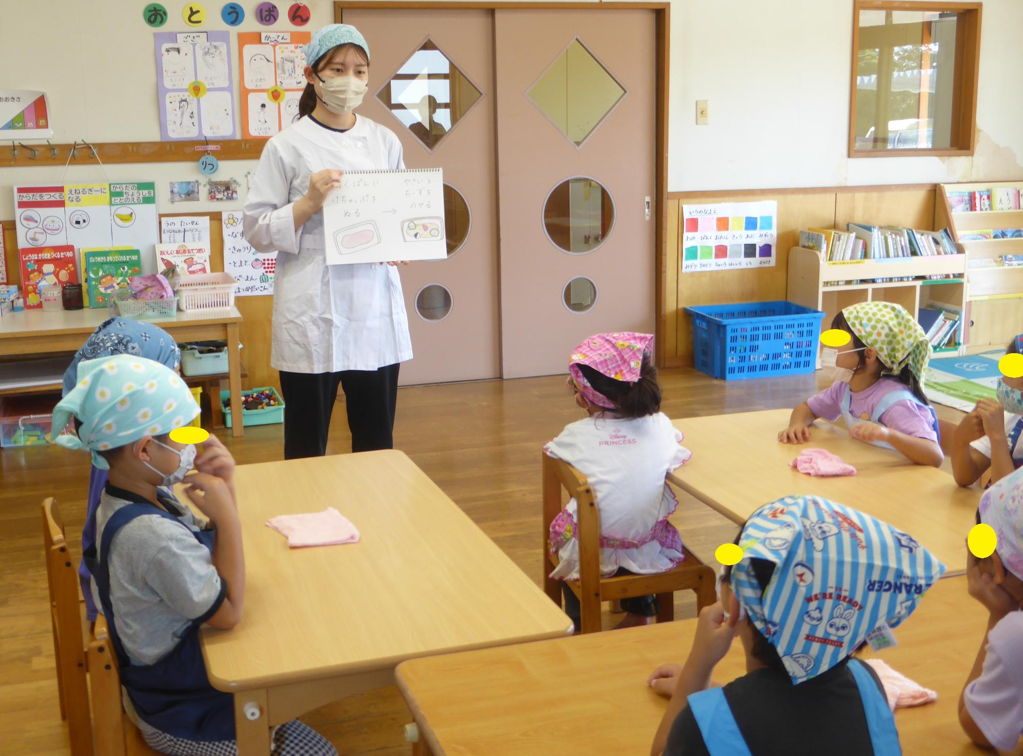 栄養士が子どもたちにピザの話をしています。