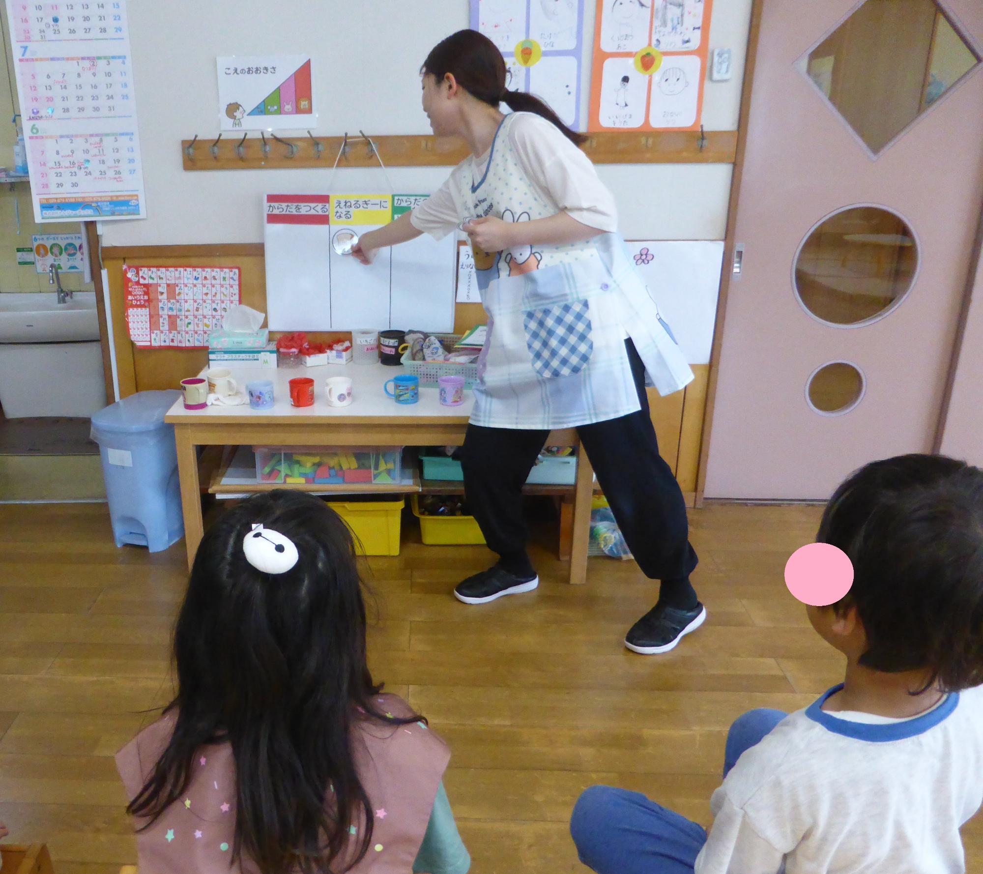 栄養士が栄養の3色群を使って、子どもたちとパネルに貼っています。