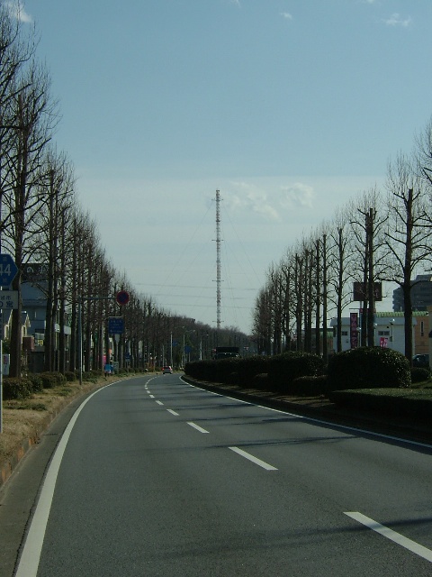 2車線の道路が大きく右カーブになっており、遠くに背の高い鉄塔が建っている様子を写した写真