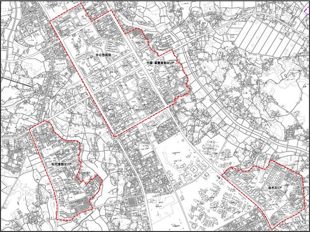 検討エリアの範囲を赤線で示している地図