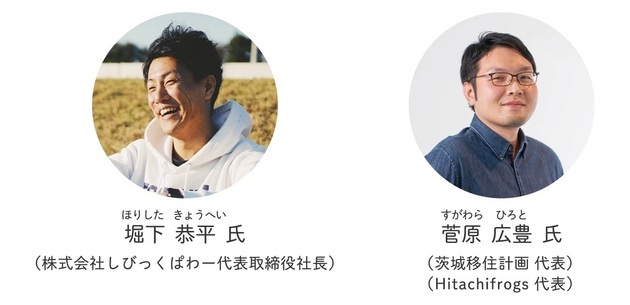 左：堀下恭平氏（株式会社しびっくぱわー代表取締役社長）の写真。右：菅原広豊氏（茨木移住計画代表）（Hitachifrogs代表）の写真