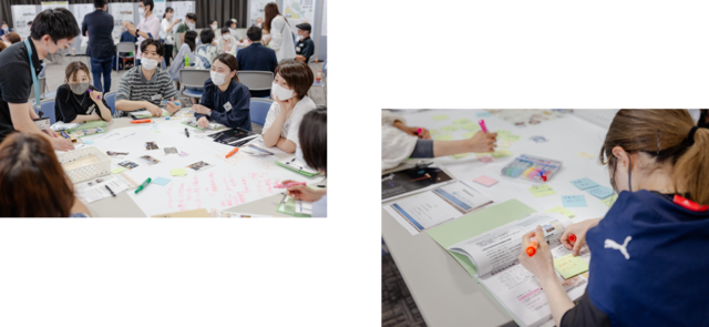 左：机に広げた模造紙を見ながら座っている参加者が話し合っている様子の写真。右：ファイルに挟んだ資料や付箋紙に書き込んでいる女性の後ろ姿の写真