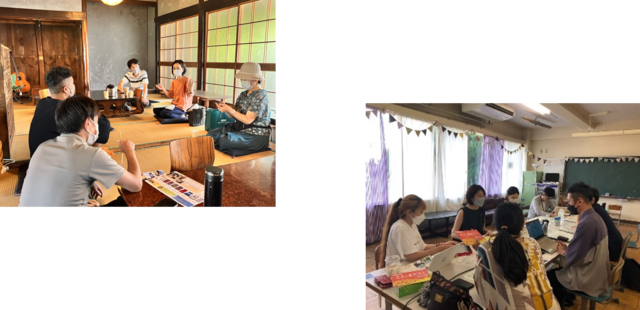 左：畳敷きの室内で右中央に座っている女性の話を4名の参加者が聞いている写真。右：黒板のある教室内で7名の方々が机をつけて座り話し合っている様子の写真