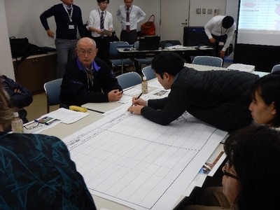 机に置かれた大きい用紙にペンで書き込んでいる男性と、周囲に座って用紙を見ている参加者たちの写真