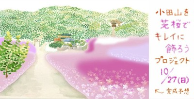 山の麓にピンク色の芝桜が広がっているプランイメージイラスト