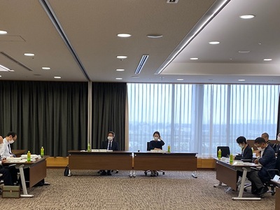 長机がコの字の形に設置された会議室で関係者が話し合っている審議会の様子の写真