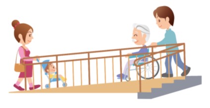 わかりやすい版イラスト①（スロープでベビーカーを押す母親、車いすに乗った高齢者と介助者の様子）