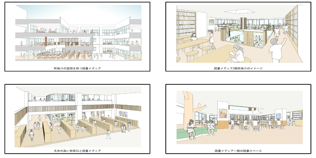 教室、図書室、昇降口、図書スペースのイメージイラスト