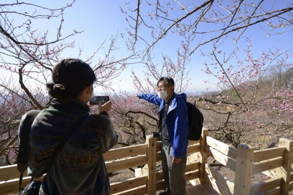 筑波山梅林を指さす宮地良典さん