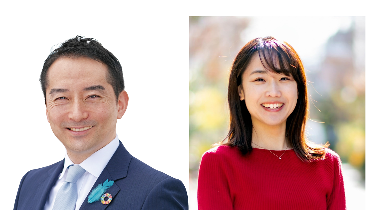 対談登壇者顔写真（左五十嵐市長、右三谷氏）