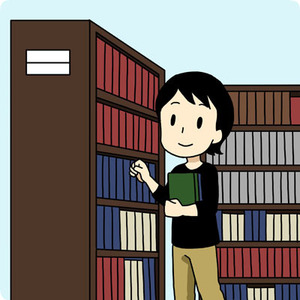 図書館の本棚の前に立っている利用者のイラスト