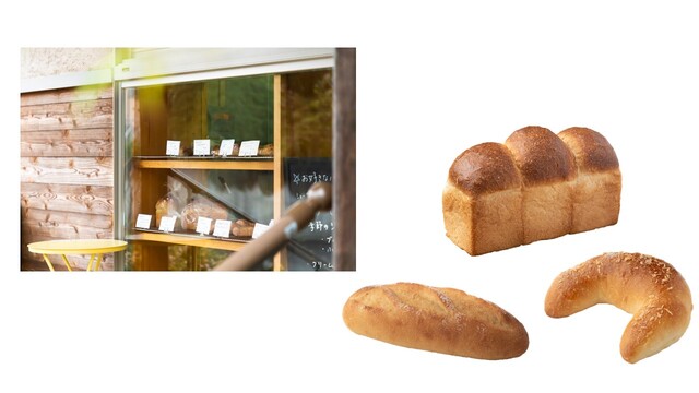 パンが並ぶショーケースと3種類のパンの写真
