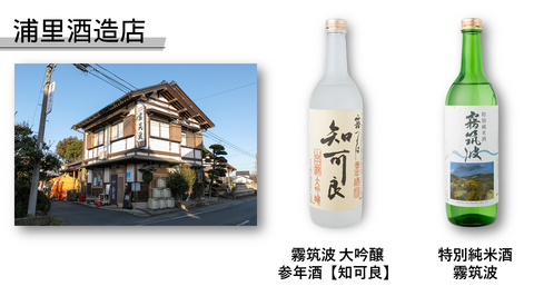 浦里酒造店の外観と酒ビン「霧筑波大吟醸参年酒知可良」と「特別純米酒霧筑波」の写真