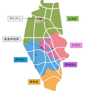 つくば市役所を中心とした地区ごとに色分けされた地図
