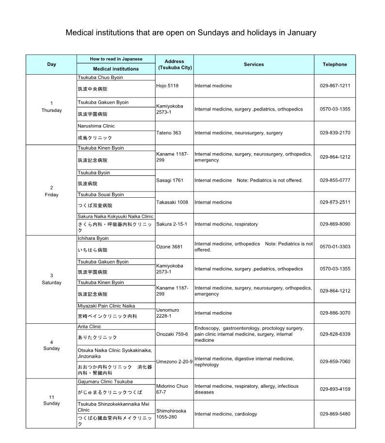 Clinics open on Sundays and holidays in January