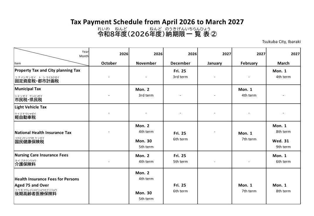 Tax Payment Schedule from April 2026 to March 2027